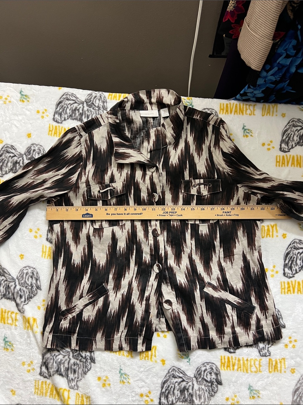 Chico's Abstract Brushstroke Lightweight Linen 3/4 sleeves jacket- Black & Brown